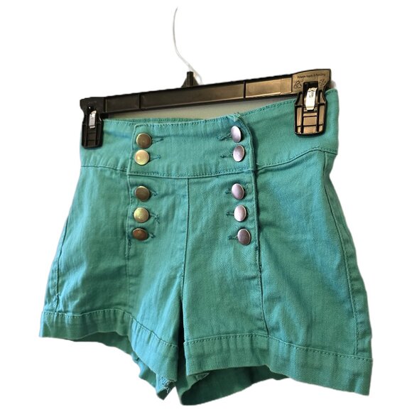 Vintage Y2K Blue High Waisted Shorts Hot Pants Button Up Turquoise Teal Retro 0 - Picture 3 of 8